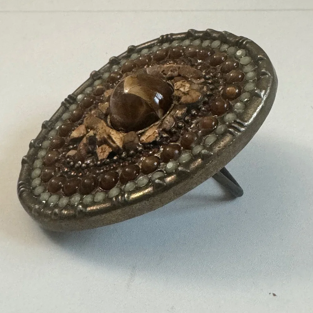 Vintage Mosaic Stone Belt Buckle Western Boho Tiger Eye Cabochon Bronze Oval